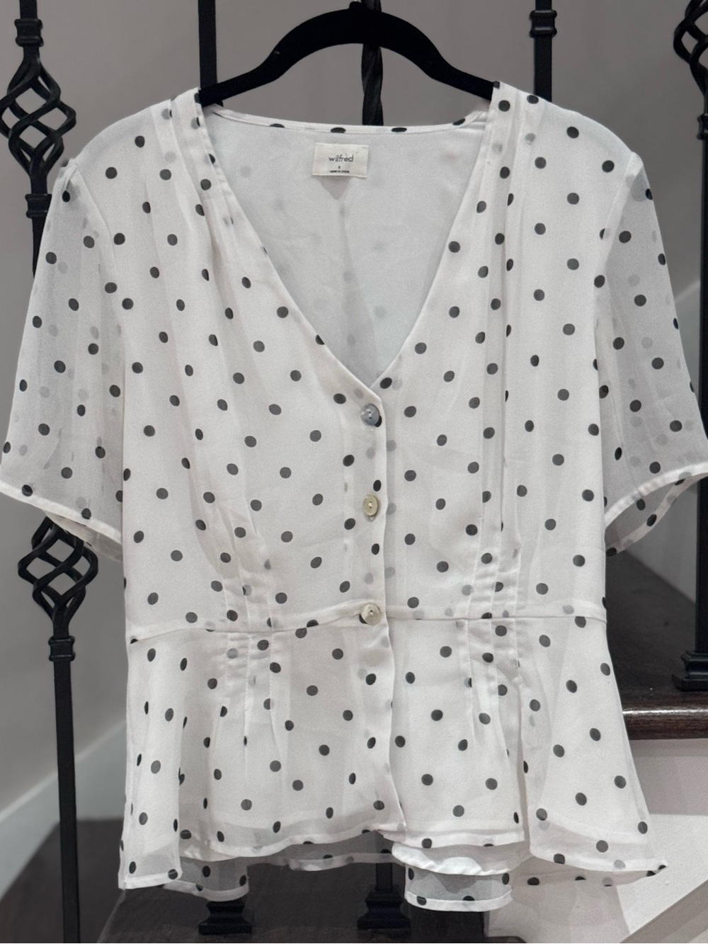 Aritzia - Wilfred White Polka Dot Peplum Button-Front Blouse